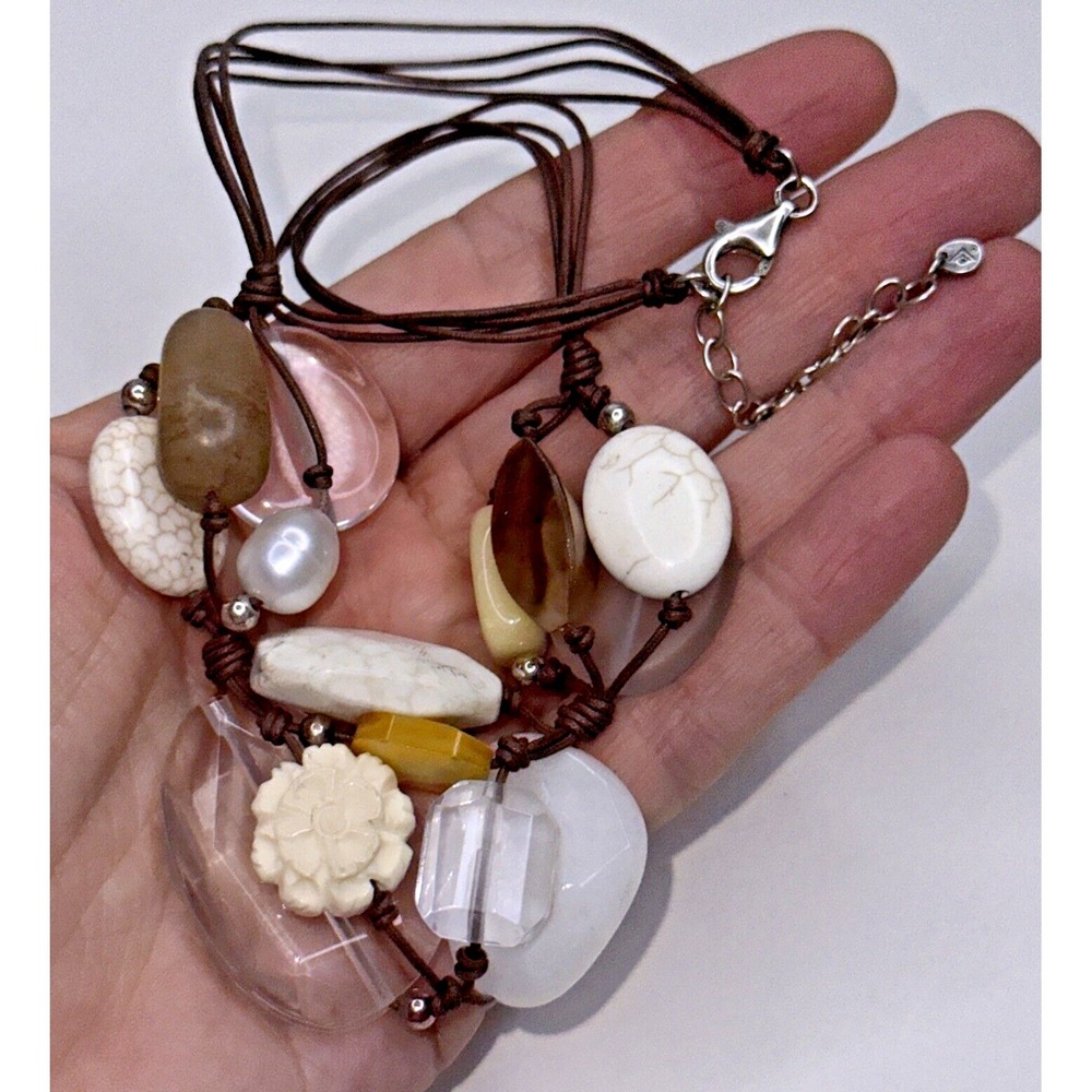 Silpada  Necklace Mixed Stone Brown Rope Glass Bead Pearl Carved‎ Flower Retired